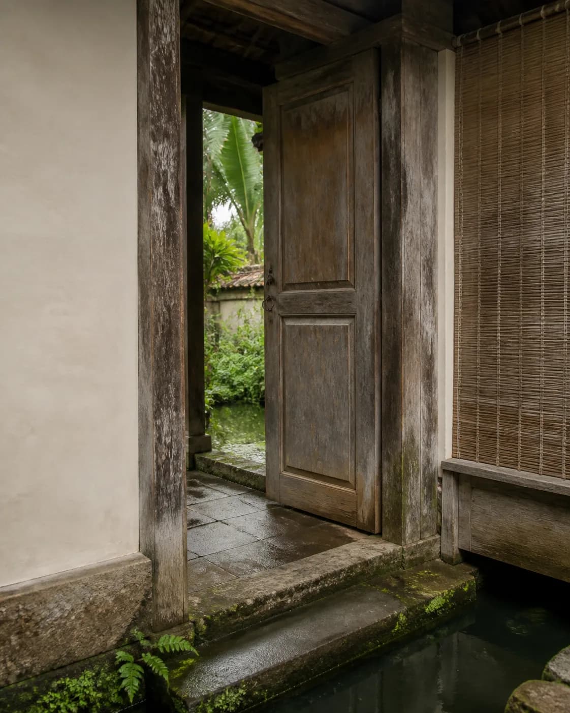 A rain-darkened teak doorway opening onto a stone threshold
